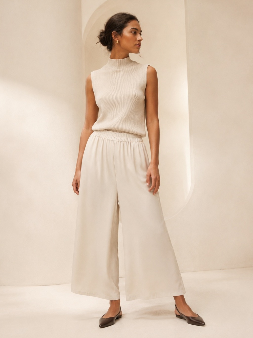 Eileen Fisher Ivory Silk Crepe Wide Leg Crop Pants US Sz M 8–10